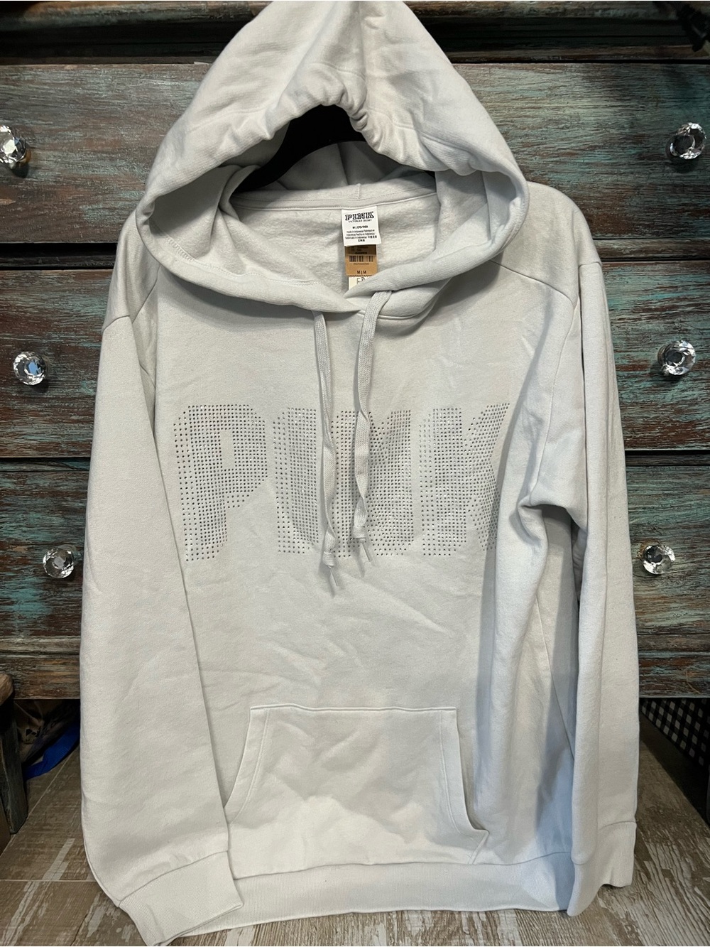 NEW!💗PINK VS Limited  Ed BLING Campus Oversized Straight cut Hoodie! LtGray Sz-M